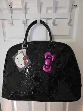 Hello Kitty Black Patent Tote with Metallic Pink Bow Charm